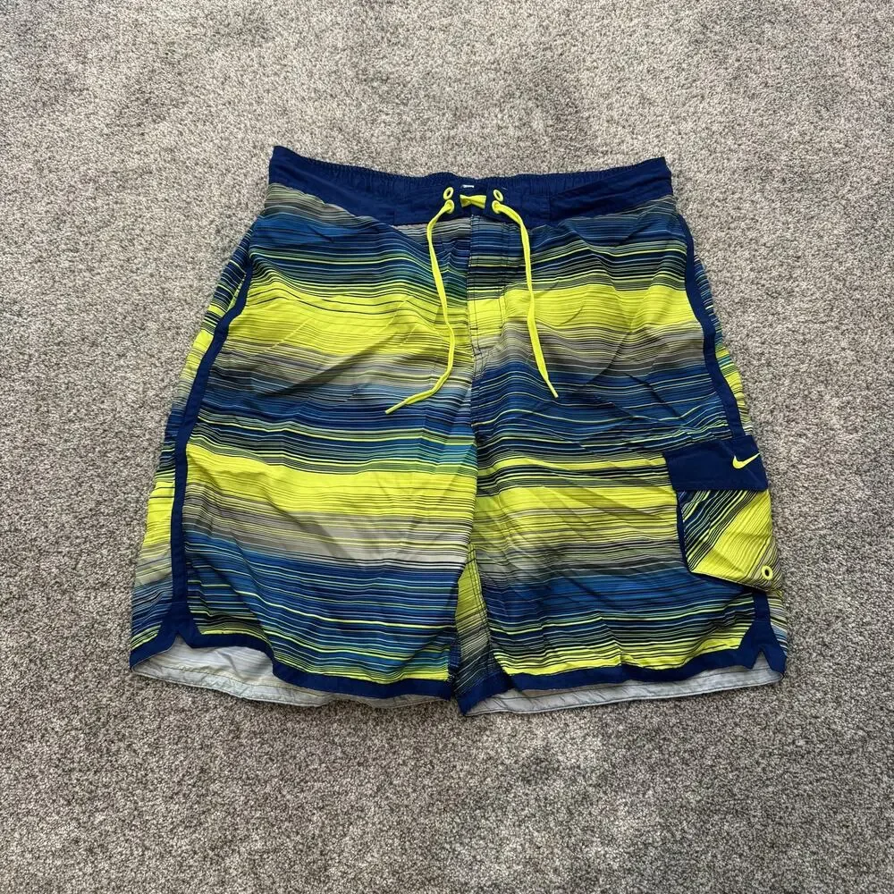 Nike Swim Trunks Mens Large Blue Yellow Striped Board Shorts Pocket Polyester